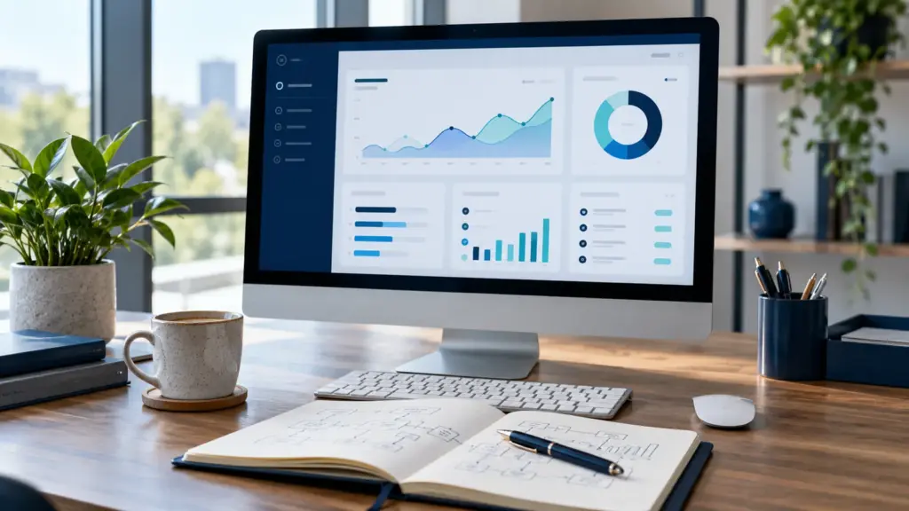 A desktop monitor showing an illustrative business dashboard, with a notebook and coffee on an office desk